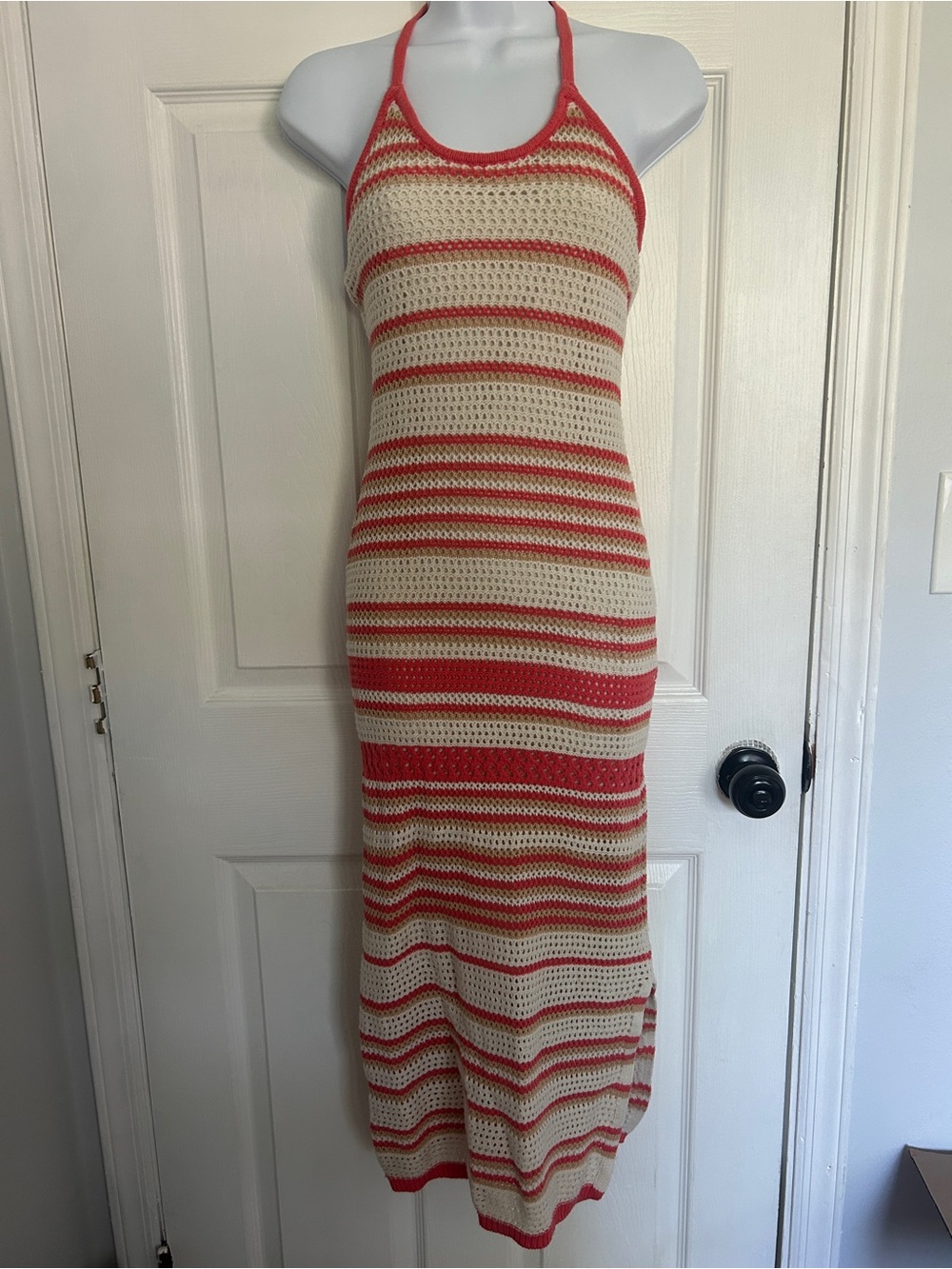 Striped Crochet Halter Maxi Dress in Cream and Coral